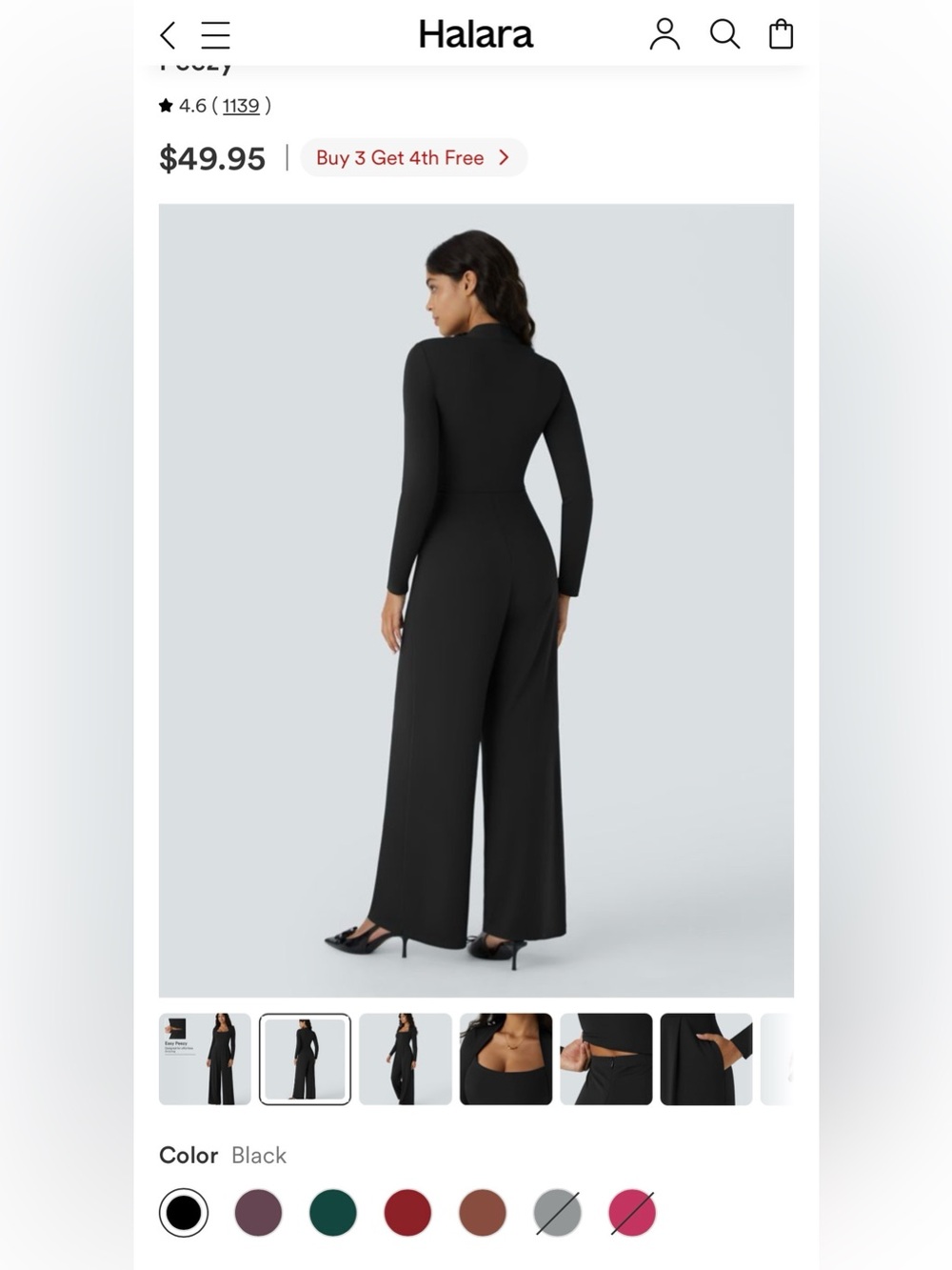 HALARA Black Long-Sleeve Wide-Leg Jumpsuit with Square Neck - Picture 6 of 8
